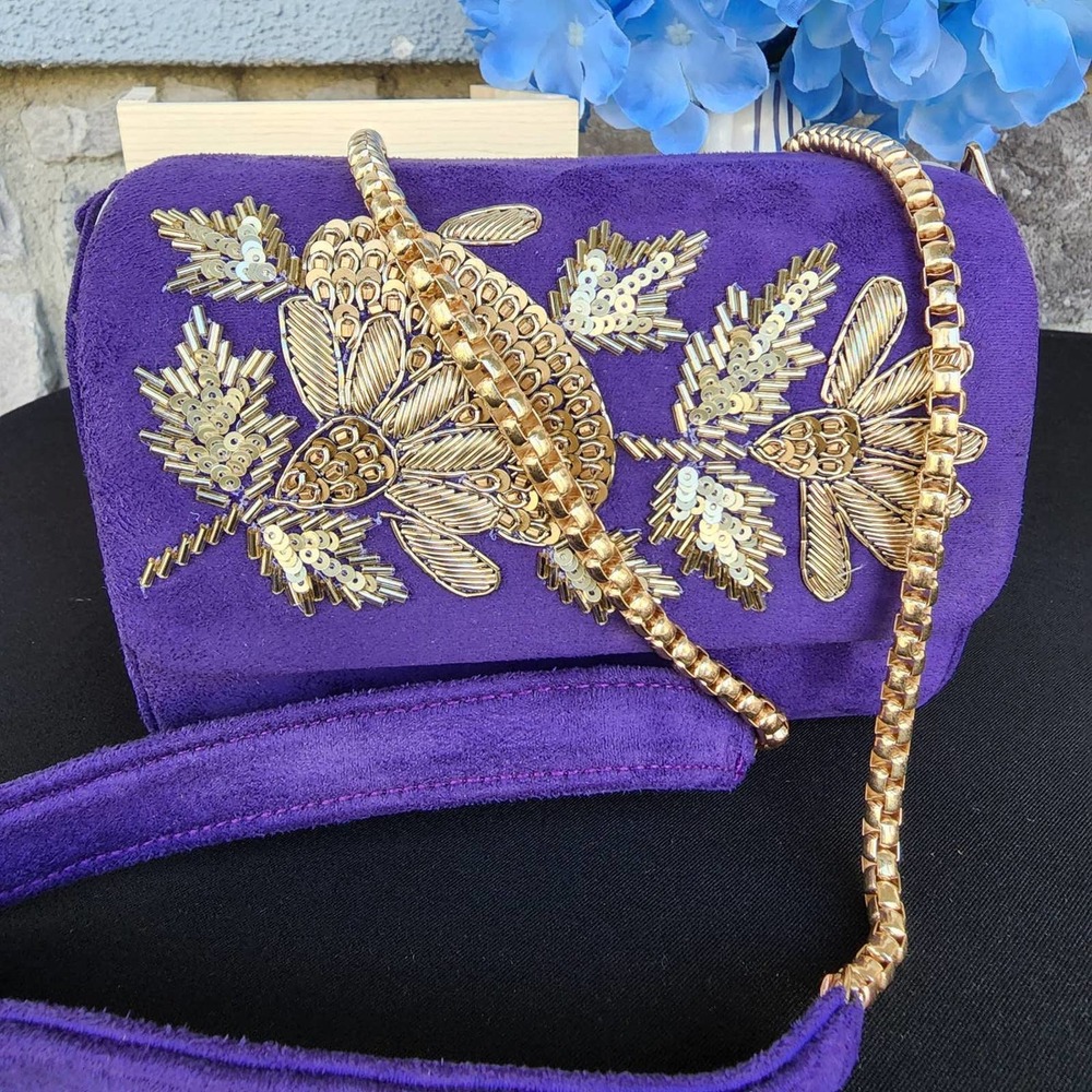 NWT Purple velvet embroidered clutch, royal purple  embroidered evening bag
